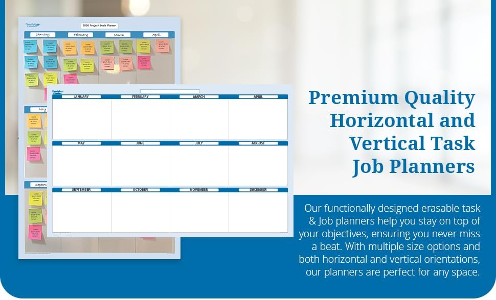 Sky Blue 12 Section Task, Objective and Goals Planning System Horizontal 36" Tall x 75" Wide. Wall Tray, Dry-Erase Marker, Eraser and 600 Sticky-Notes