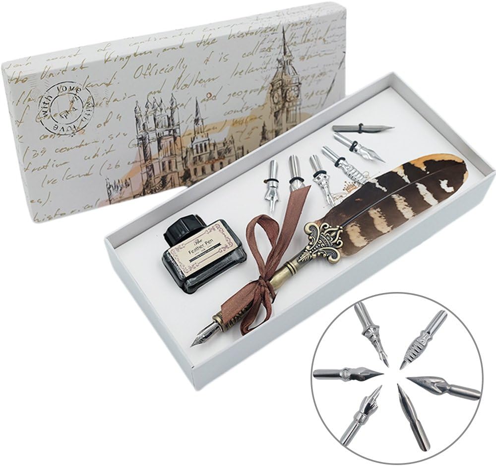 Quill Pen and Ink Set Feather Pen with Ink and 6pcs Nibs Calligraphy Pens for Beginners for Lettering,Drawing, Journaling, Signing, Invitation HO-Q-300