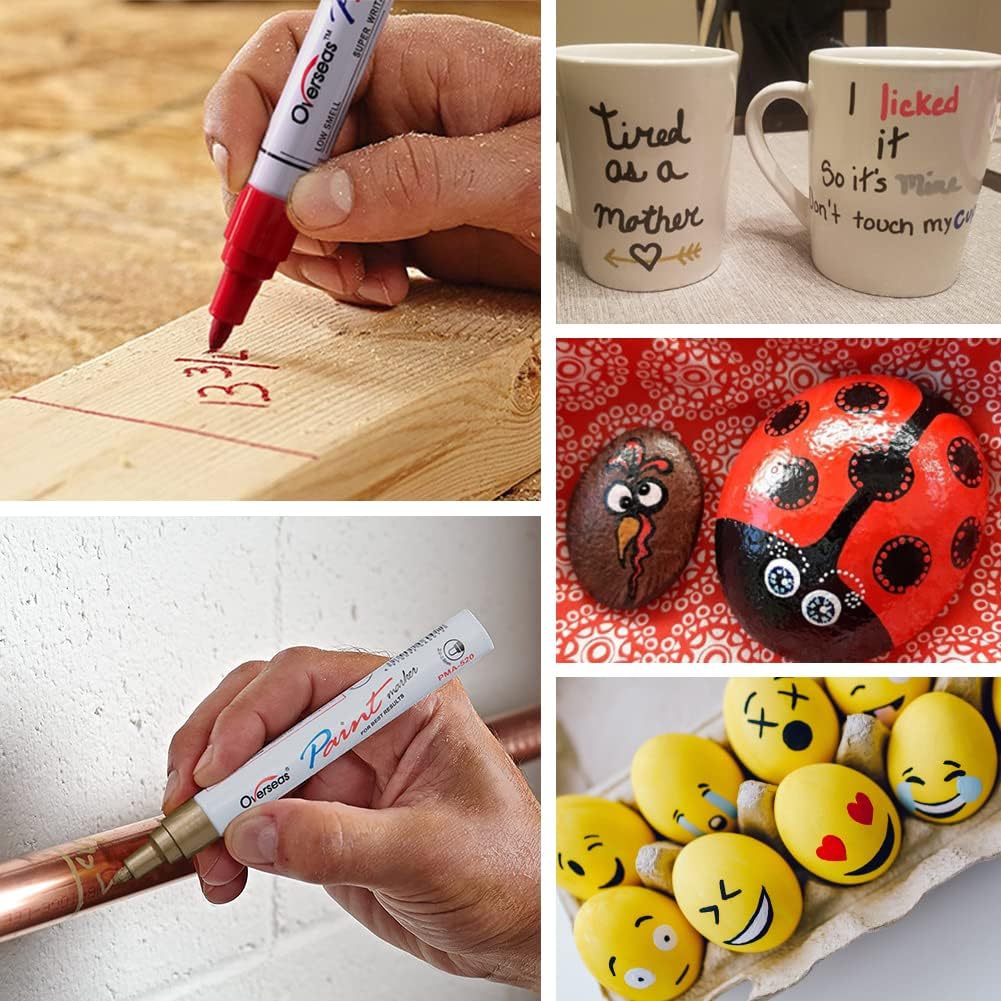 Overseas Permanent Paint Markers Pens - 3 Pack Yellow Oil Based Paint Pens, Medium Tip, Quick Drying and Waterproof Marker Pen for Metal, Rock, Wood, Fabric, Plastic, Canvas, Mugs, Stone, Glass