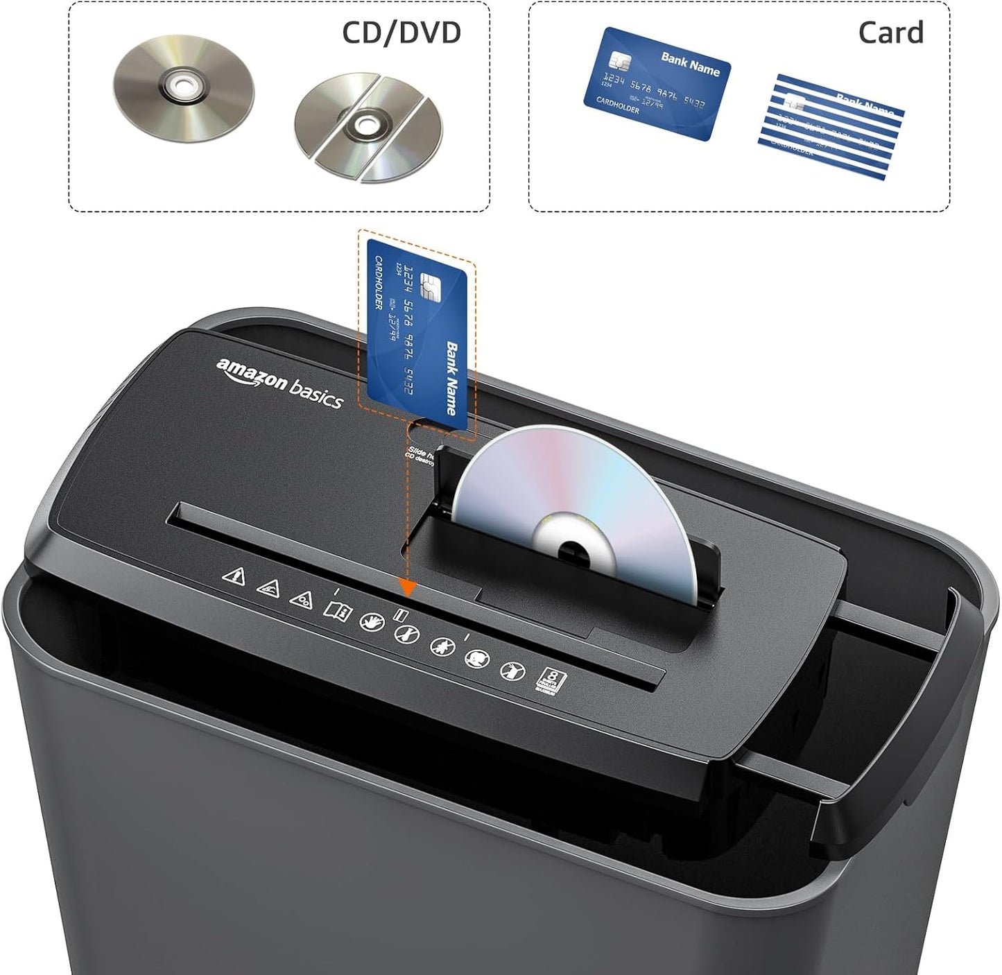 Amazon Basics 8-Sheet Strip Cut Paper, CD, and Credit Card Shredder with Auto-Off Compact, Portable Design, No Basket, Extendable Arm, Black