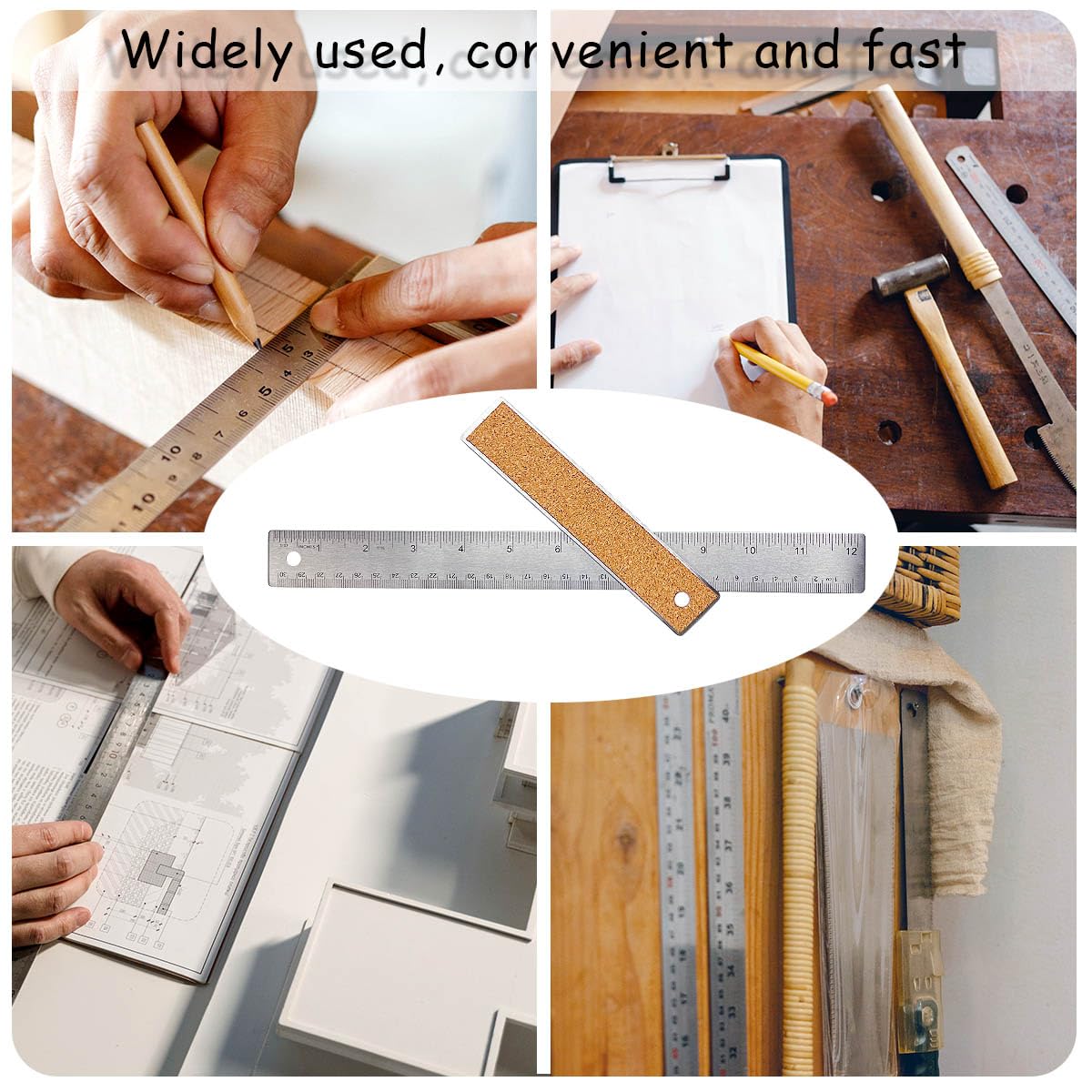 Metal Ruler 6 Inch 12 Inch Stainless Steel Metal Ruler with Cork Backing, Non-Slip Rulers with Inch and Centimeters, Straight Edge Cork Base Rulers for Student School Office Drafting Tools