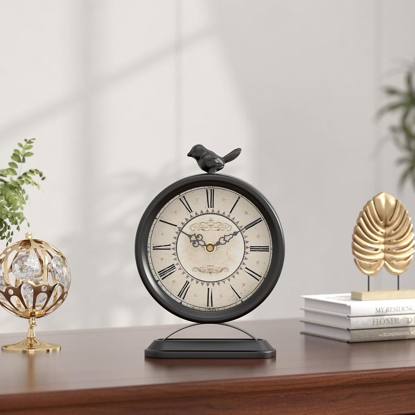 Vintage Table Clock with Bird, European Antique Style Black Mantel Clocks, Desk and Shelf Decor Clock, for Farmhouse, Bedside, Living Room, Bedroom, Gift (9" H x 6.5" W)