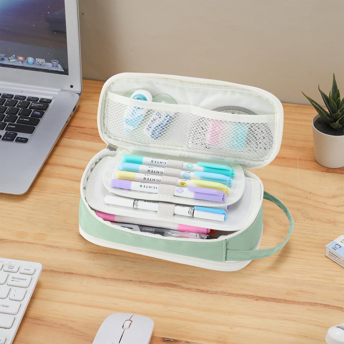 Pencil Case Large Zipper Pencil Pouch for Girls Kids Teens Adults Aesthetic Pencil Bag Stationery Organizer Pen Pencil Case with Handle for School Green