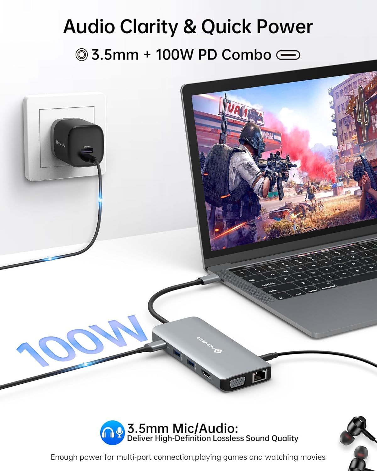 NOVOO USB C Hub, 11-in-1 Docking Station Multiport Adapter with 4K USB C to HDMI, VGA, Gigabit Ethernet, 100W PD, 3 USB-A 5 Gbps, MicroSD/SD Card Reader, Dock for Most Type-C Devices