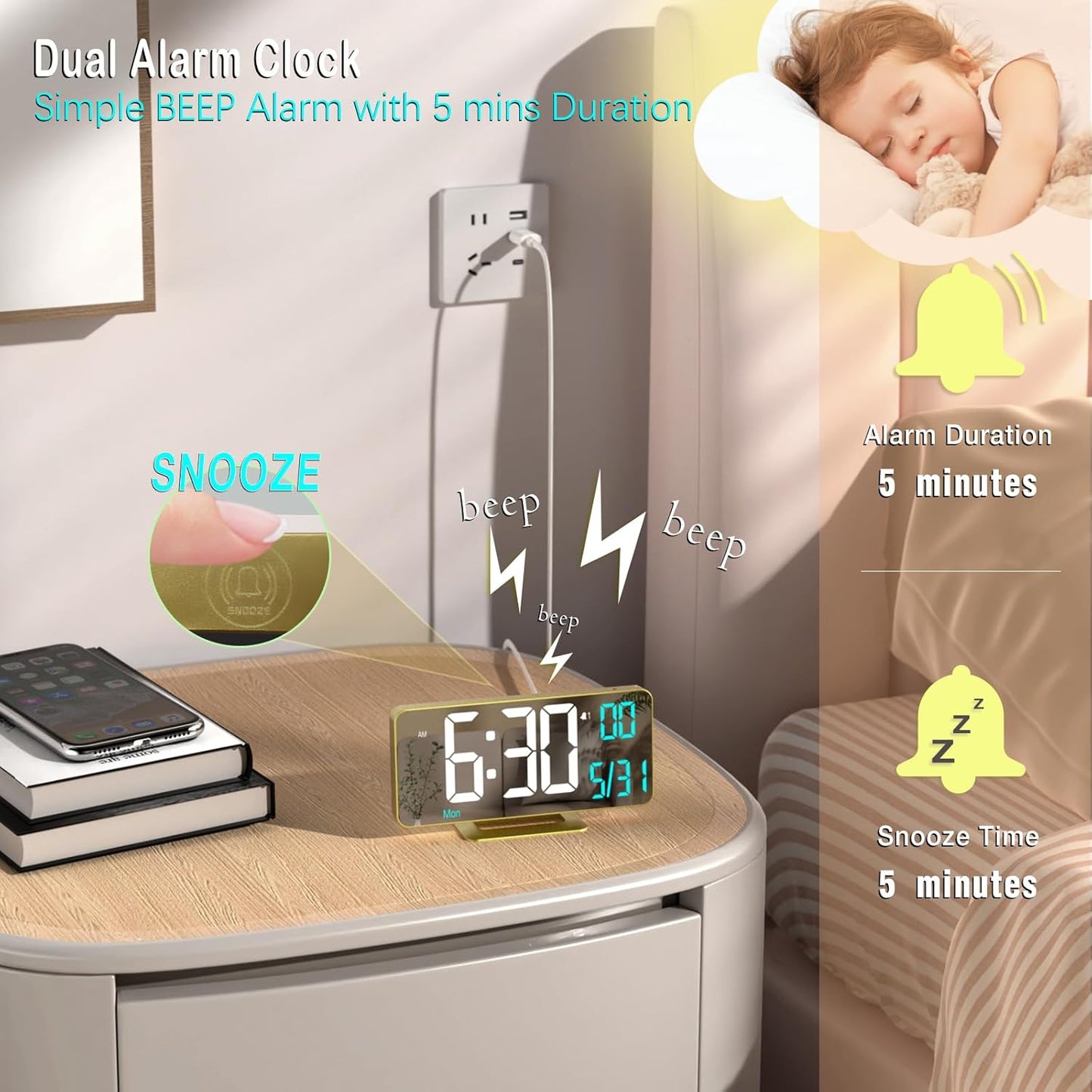 KOSUMOSU Dual Alarm Clock 6.7in Gold Desk Clock with Dimming, 12/24h, Seconds, Date, Day of Week, Temp, Digital LED Clock for Bedroom, Digital Calendar Clocks for Living Room Gold Desk Accessories