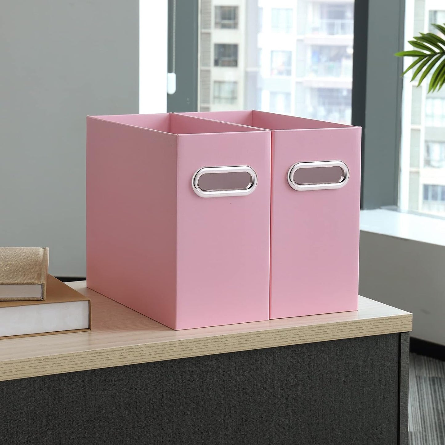 Oterri File Organizer, 2 Packs Small Storage Box, Cardboard File Folder Organizer, Collapsible File Box for Hanging File Folders Letter Size, Portable Filing Organizer with Handle(Pink)