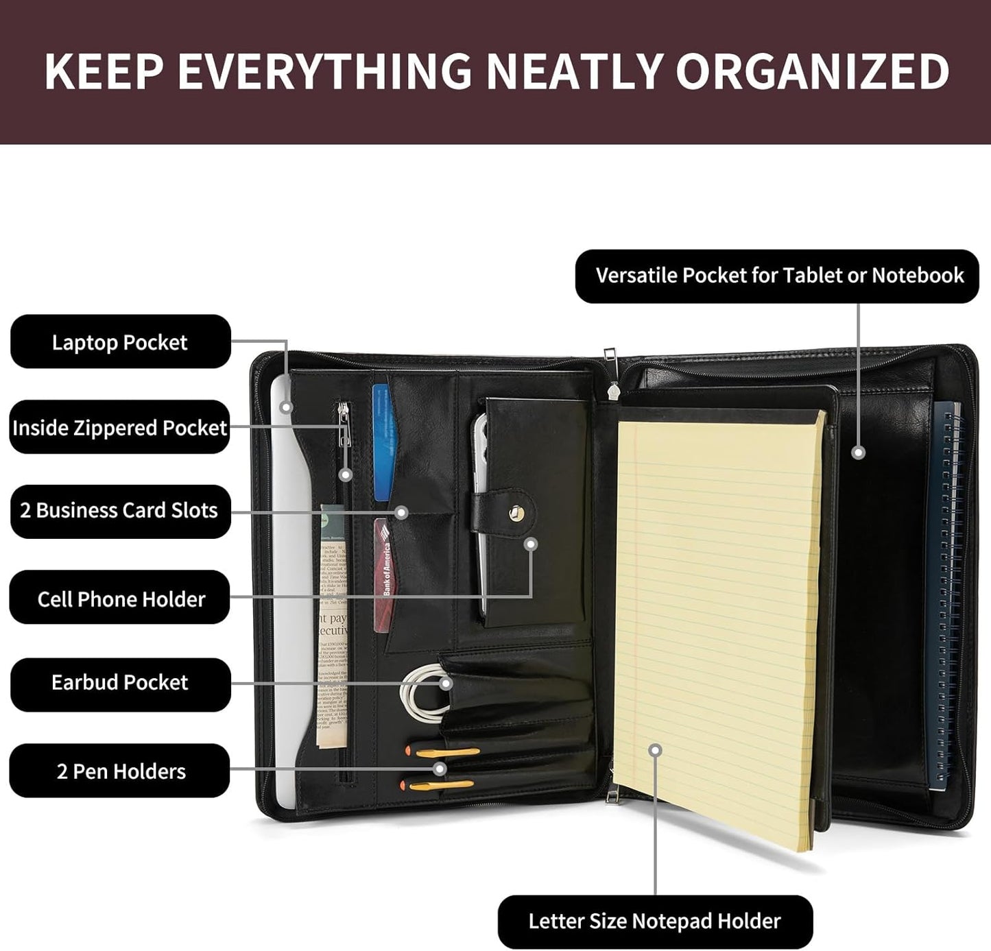 Personalized Vegan Leather Portfolio with Front Pocket for Men Women, Custom 8.5 x 11 Legal Pad Notepad Holder, Zippered Business Organizer, Professional Work Folder, Black