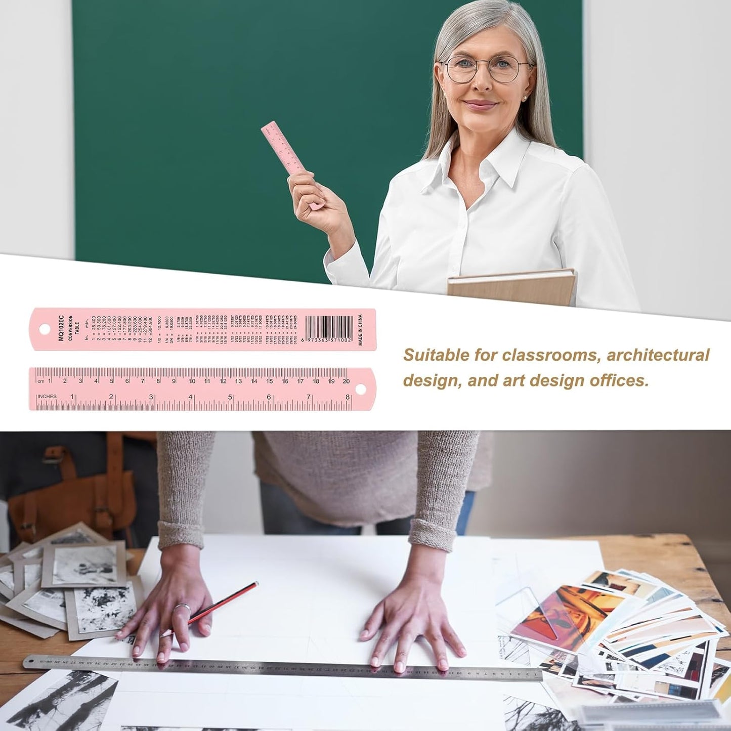 HARFINGTON 6pcs Metal Straight Ruler 20cm Metric SAE Aluminum Alloy Measuring Rulers Scale Tool with Hole for Measure Study Reading Classroom Office, Pink