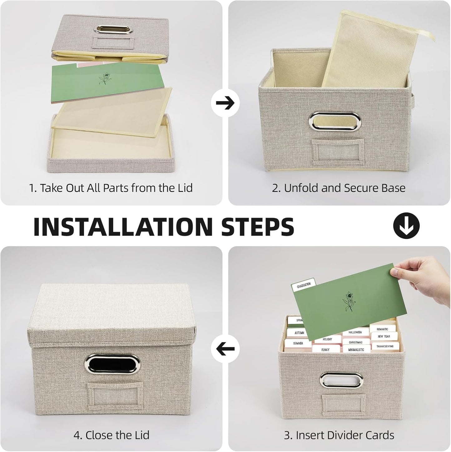 Greeting Card Storage Box, Linen Storage Box with 32 Adjustable Dividers, 168 Labels, 2 Marker Pen, Perfect for Organizing Greeting Cards, Envelopes, Photos 2 Pack Beige