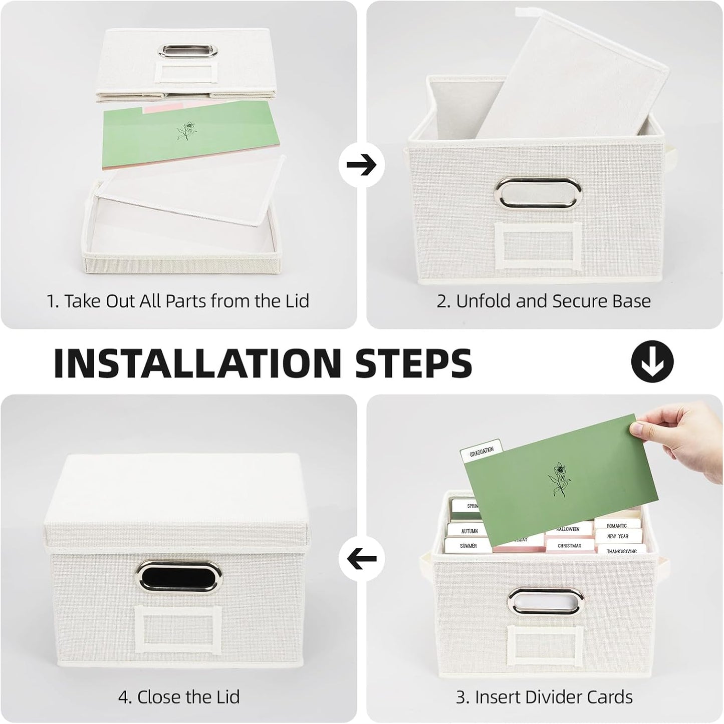 Greeting Card Storage Box, Linen Storage Box with 16 Adjustable Dividers, 84 Labels, 1 Marker Pen, Perfect for Organizing Greeting Cards, Envelopes, Photos 1 Pack Ivory