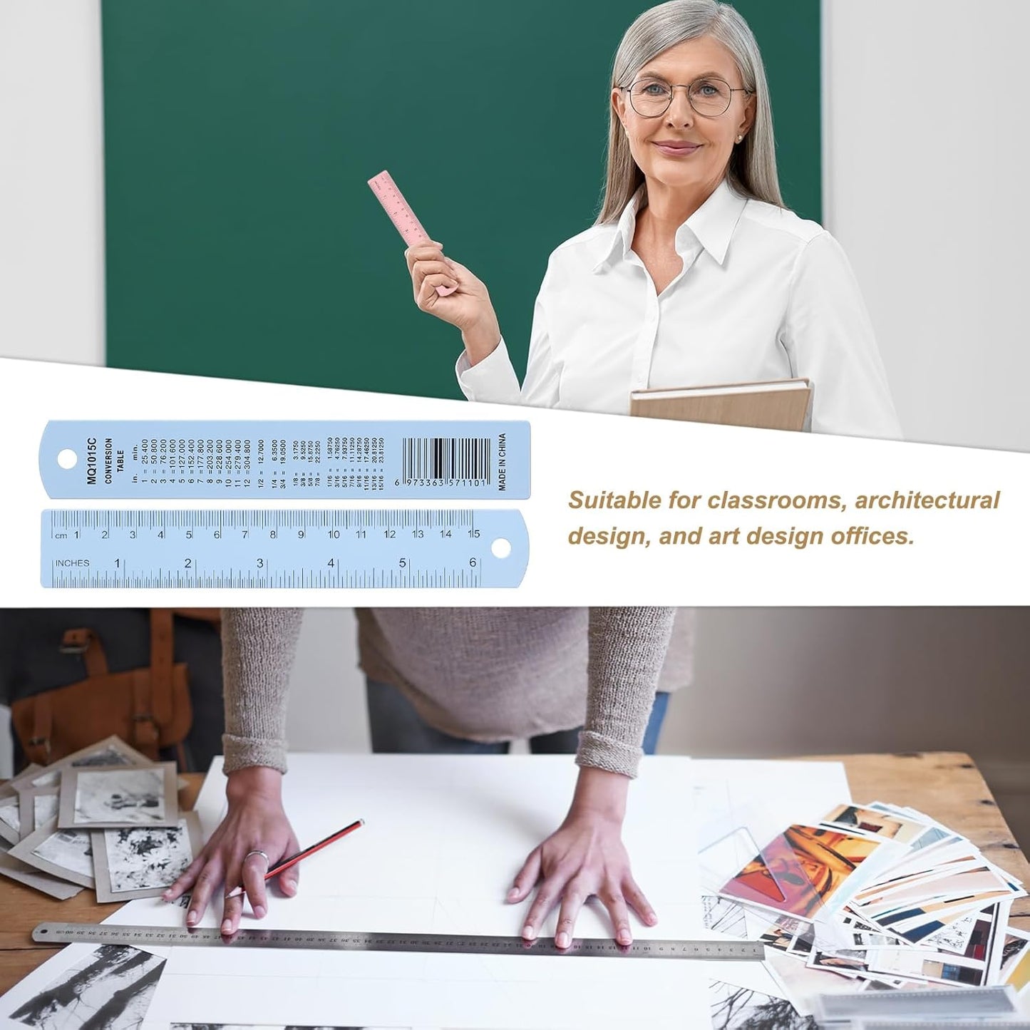 HARFINGTON 6pcs Metal Straight Ruler 15cm Metric SAE Aluminum Alloy Measuring Rulers Scale Tool with Hole for Measure Study Reading Classroom Office, Light Blue