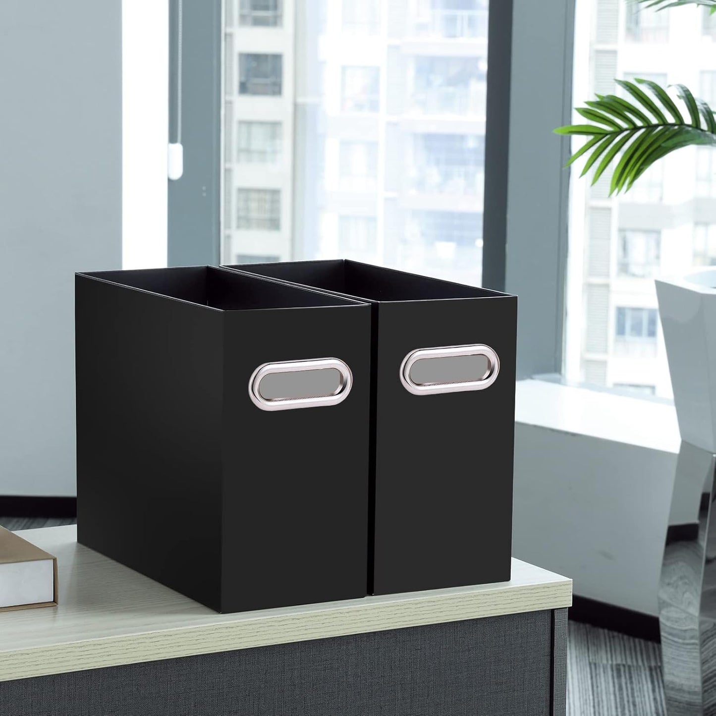 Oterri File Organizer, 4 Packs Small Storage Box, Cardboard File Folder Organizer, Collapsible File Box for Hanging File Folders Letter Size, Portable Filing Organizer with Handle(Black)