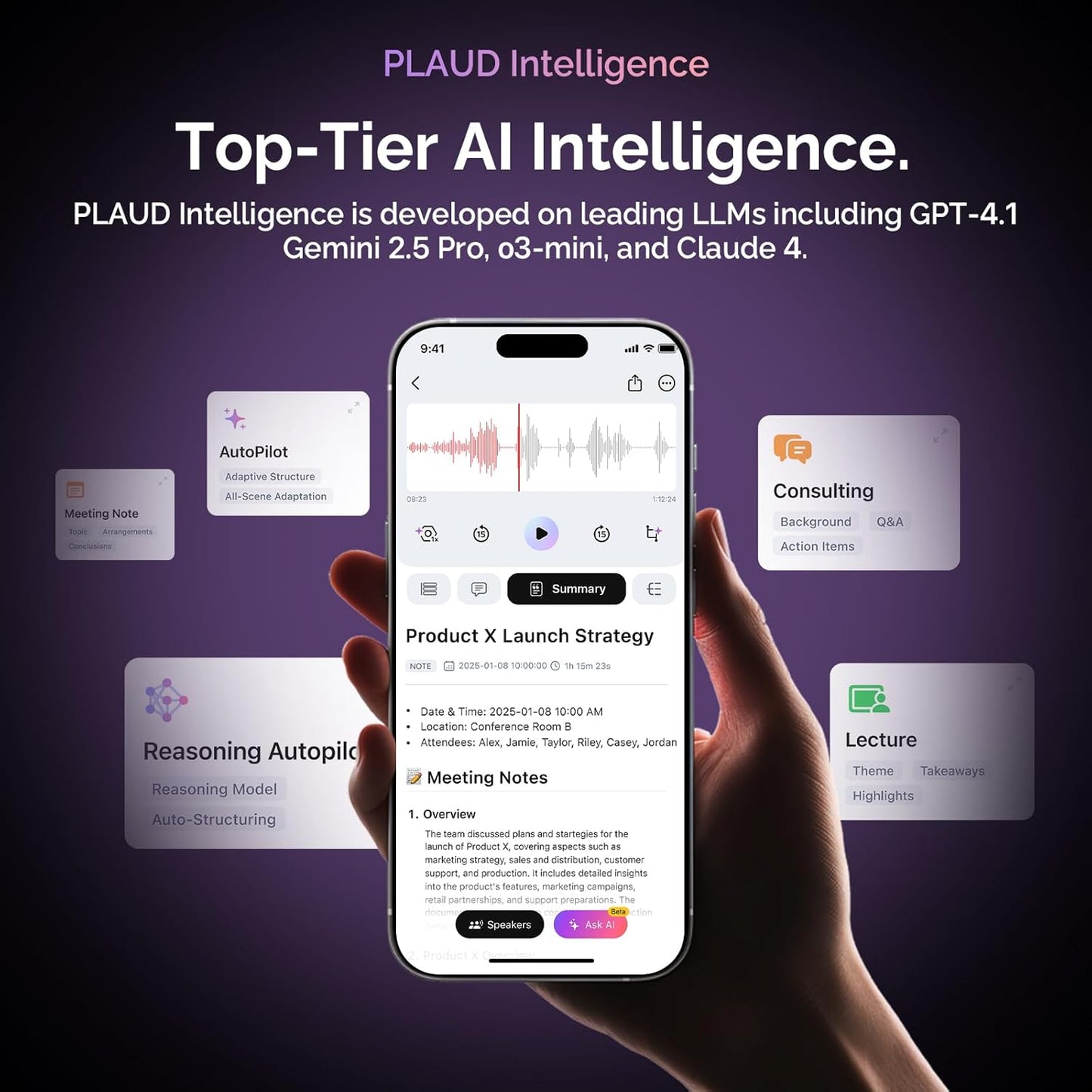 NotePin Voice Recorder, AI Voice Recorder, App Control, AI Notetaker, AI Transcribe & Summarize, Support 112 Languages, 64GB Memory, Audio Recorder for Lectures, Meetings, Cosmic Gray