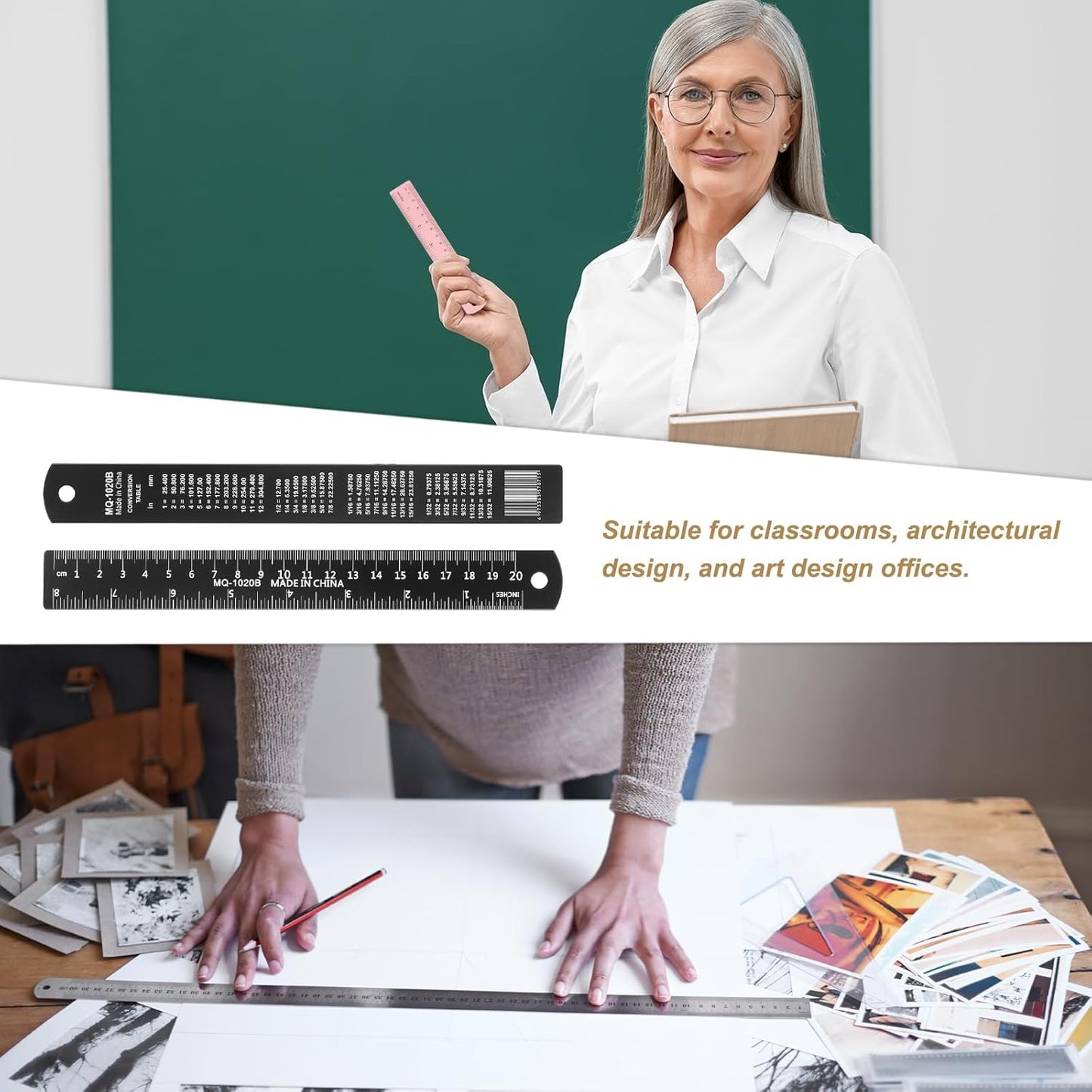 HARFINGTON 4pcs Metal Straight Ruler 20cm Metric SAE Aluminum Alloy Measuring Rulers Scale Tool with Hole for Measure Study Reading Classroom Office, Black