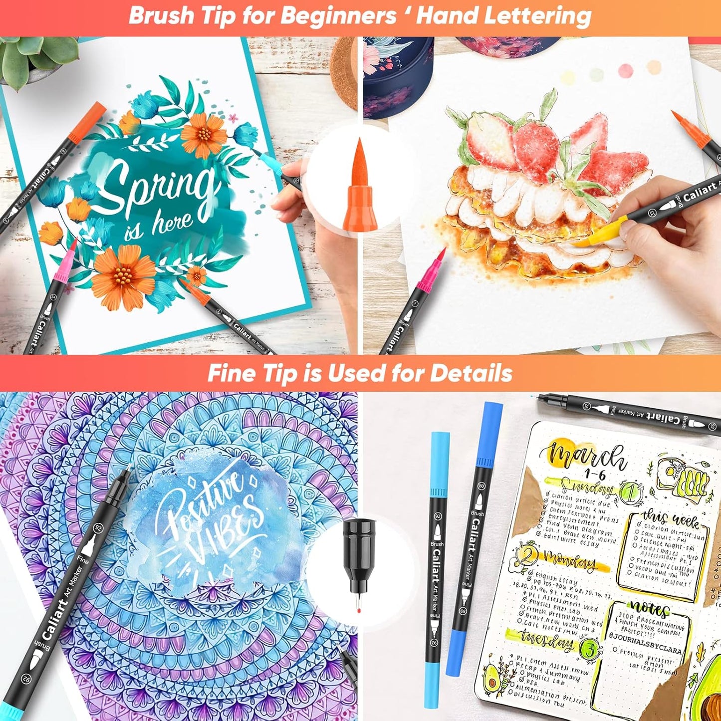 Caliart 72 Colors Dual Tip Art Markers for Adult Coloring - Aesthetic Cute Preppy Stuff School Supplies, Pens With Fine and Brush Tips for Lettering Cards Drawing Kids Artist Mothers Day Gift for Mom