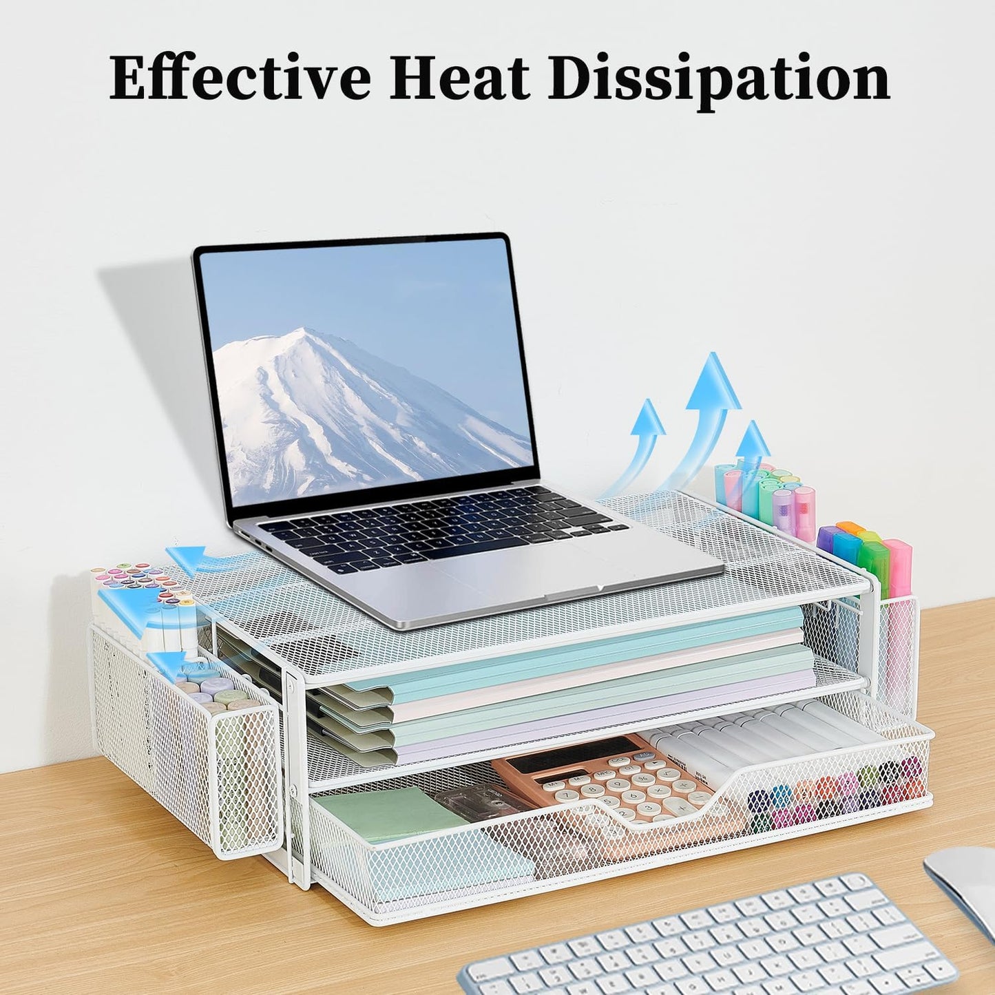 AUPSEN Computer Monitor Stands Riser,2-Tier Desk Organizers and Accessories, Office Desk Accessories Organizer with Drawers and 2 Pen Holder for Office Supplies (White)