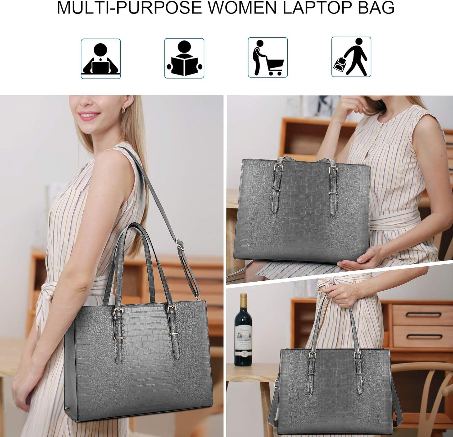Laptop Bag for Women 15.6 Inch Laptop Tote Bag Leather Classy Computer Briefcase for Work Waterproof Handbag Professional Shoulder Bag Women Business Office Bag Large Capacity Grey