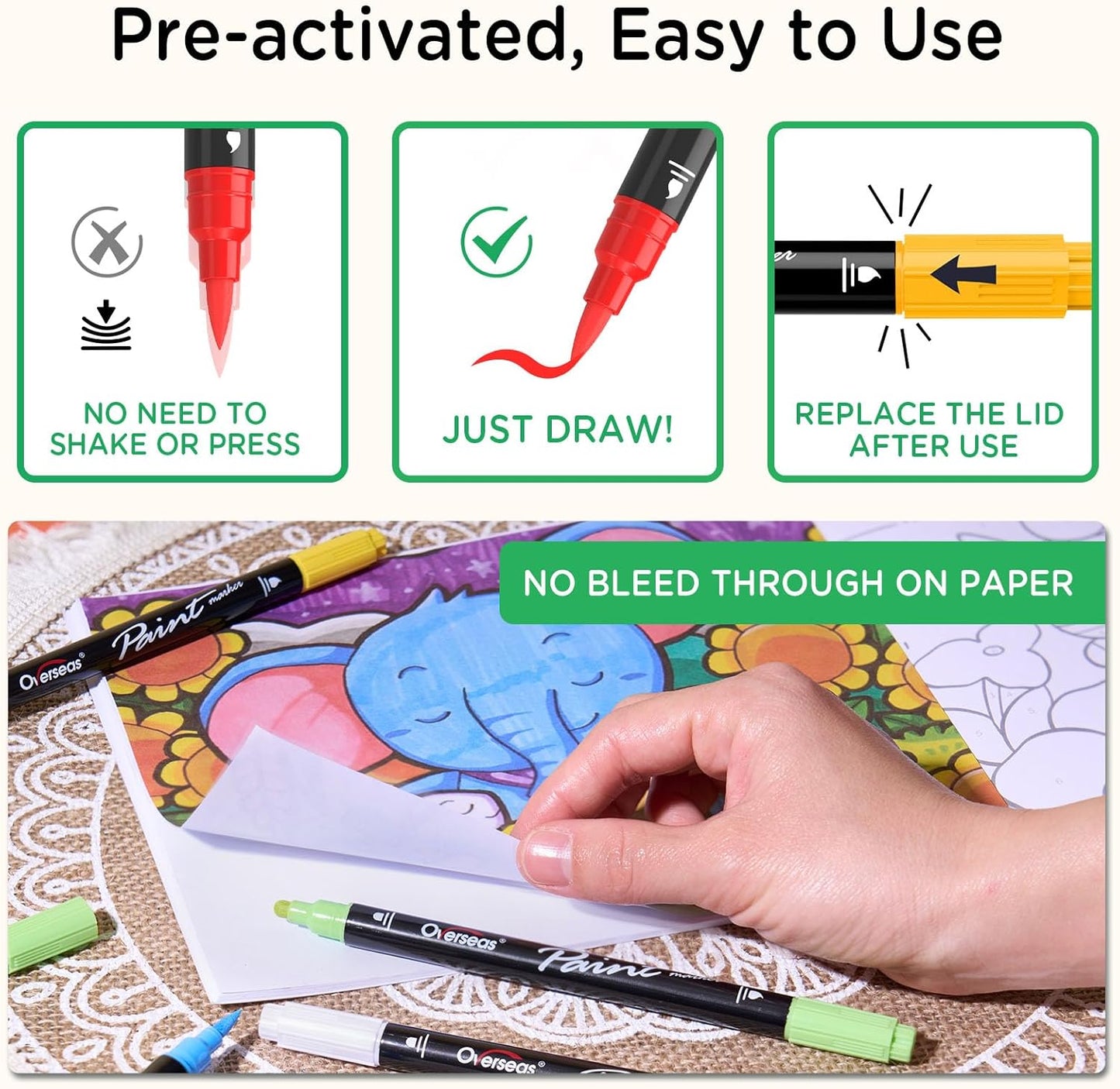 Overseas Green Acrylic Paint Markers, 2 Pack Dual Tip Paint Pens Acrylic Markers with Dot and Brush Tip, Coloring Marker for Wood, Rock, Canvas, Glass, Metal, Ceramic, Plastic, Fabric, School Supplies