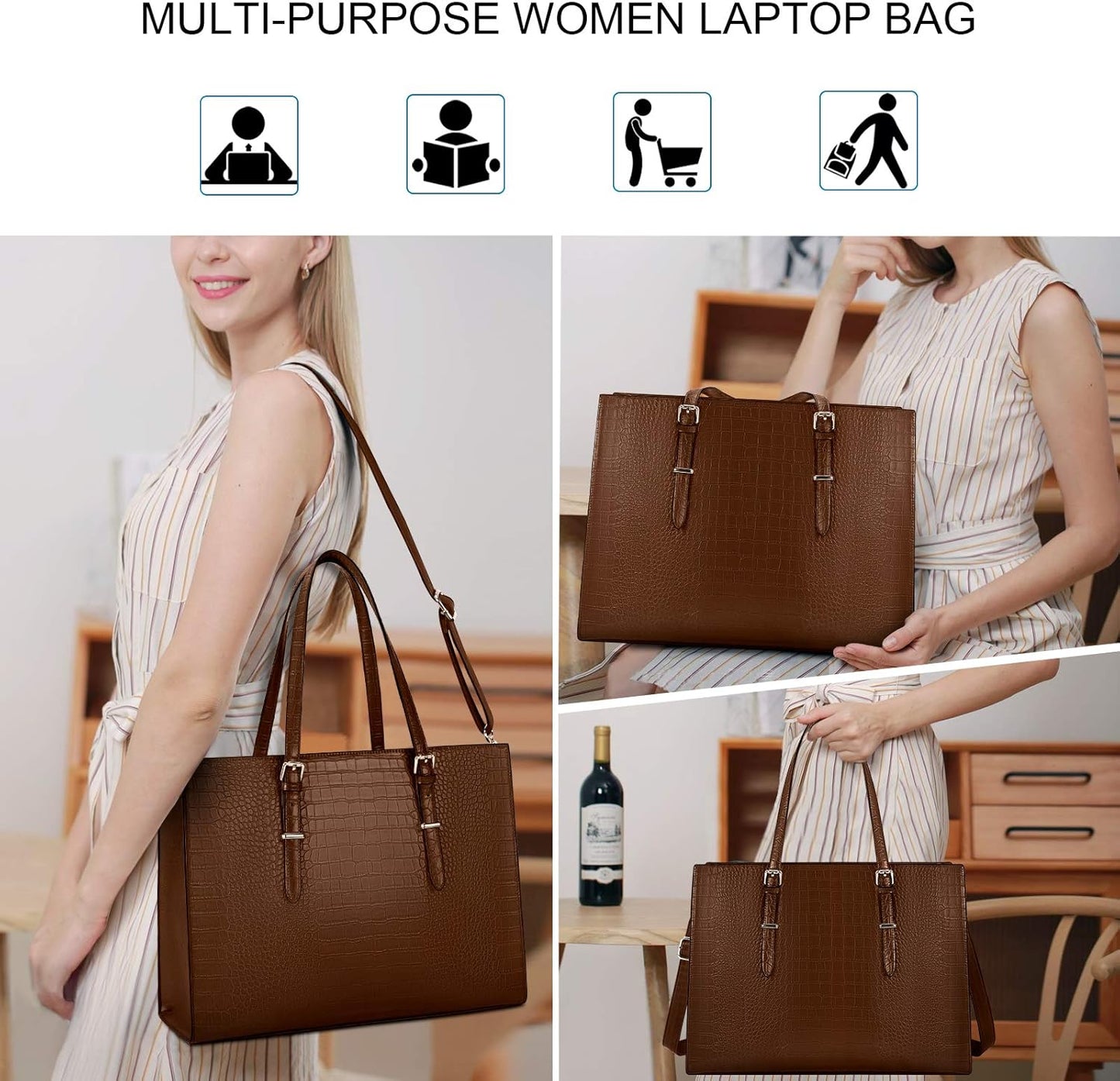 Laptop Bag for Women 15.6 Inch Laptop Tote Bag Leather Classy Computer Briefcase for Work Waterproof Handbag Professional Shoulder Bag Women Business Office Bag Large Capacity Coffee