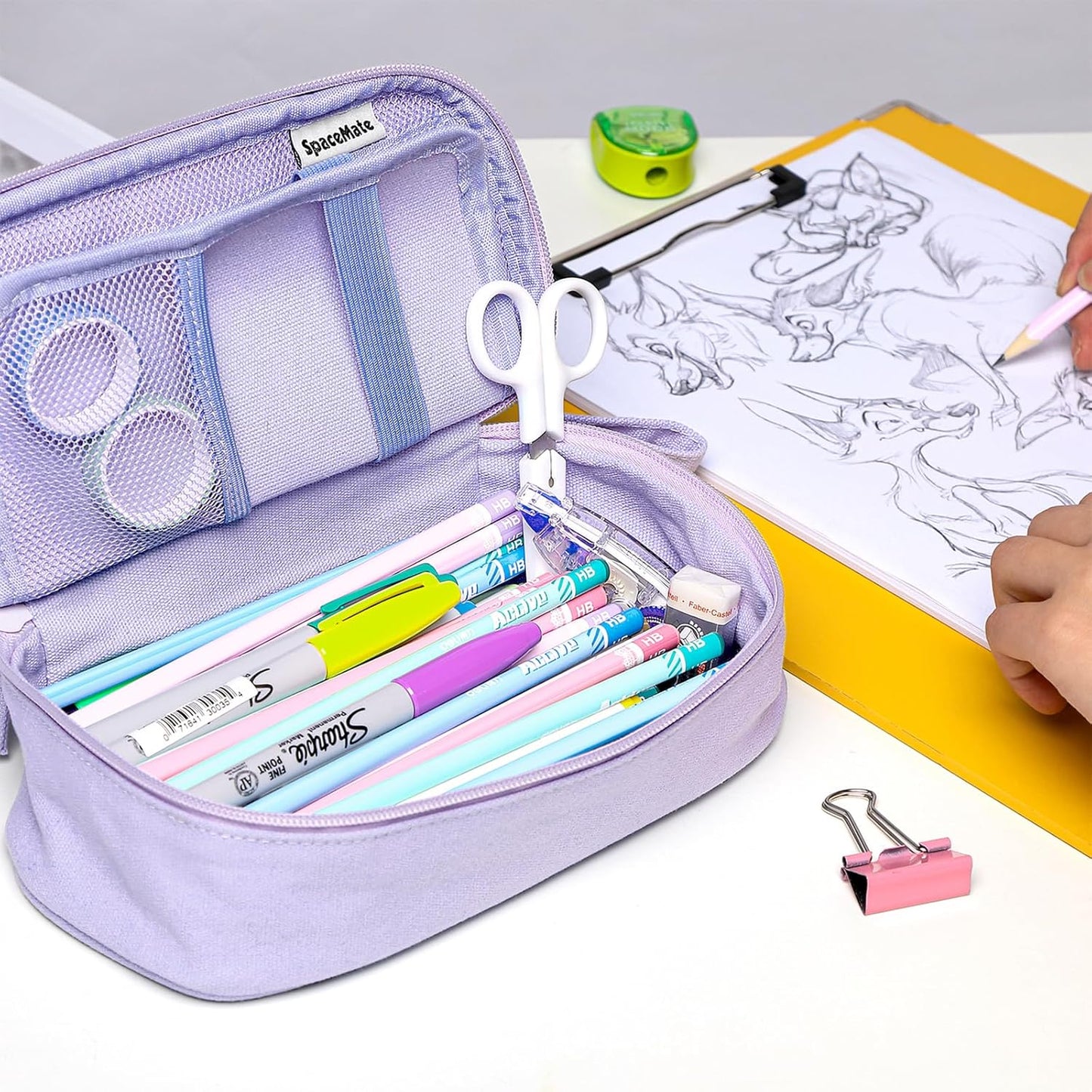 Pencil Case Pouch Box Bag School Supplies Girls Boys Kids, Cute Preppy Stuff Large Big Capacity Aesthetic Pen Organizer, Back to College Stationary, Purple, Heavy Duty Canvas, 1800ml