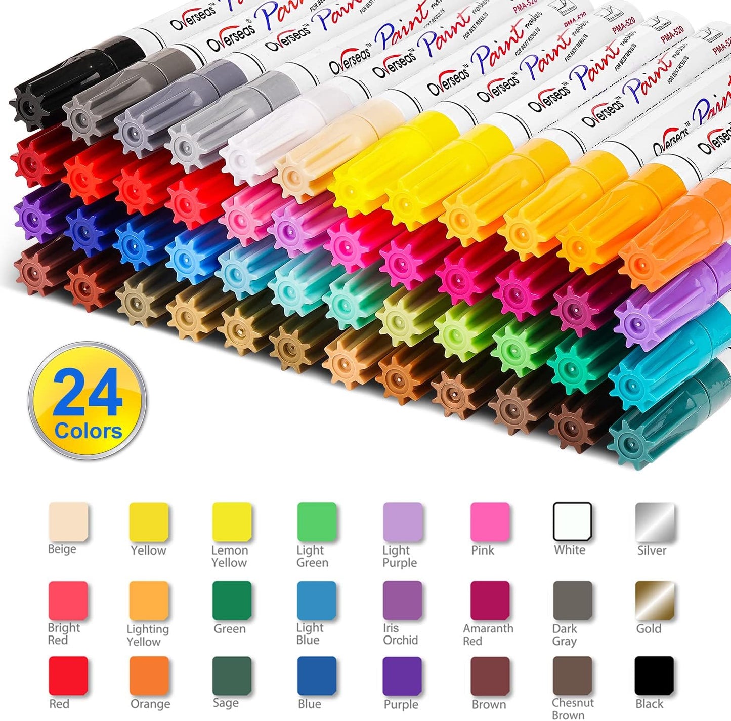 Paint Marker Pens - 24 Color Permanent Oil Based Markers, Medium Tip, Quick Dry and Waterproof Assorted Color Paint Pens for Metal, Wood, Plastic, Stone, Mugs, Canvas, Glass, Art Craft