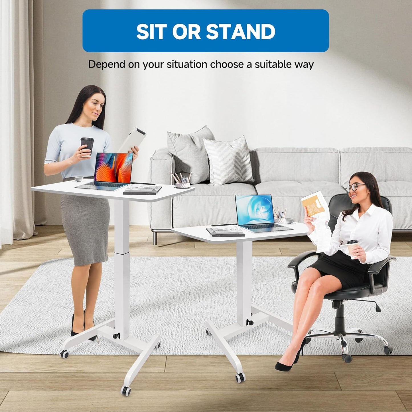 Rolling Laptop Desk Adjustable Height(29.5”- 43.7”),Mobile Workstation Cart with 23.6" x 20.5"Desktop, Standing Desk Mobile Portable PC Table for Home,Office or Classroom in White