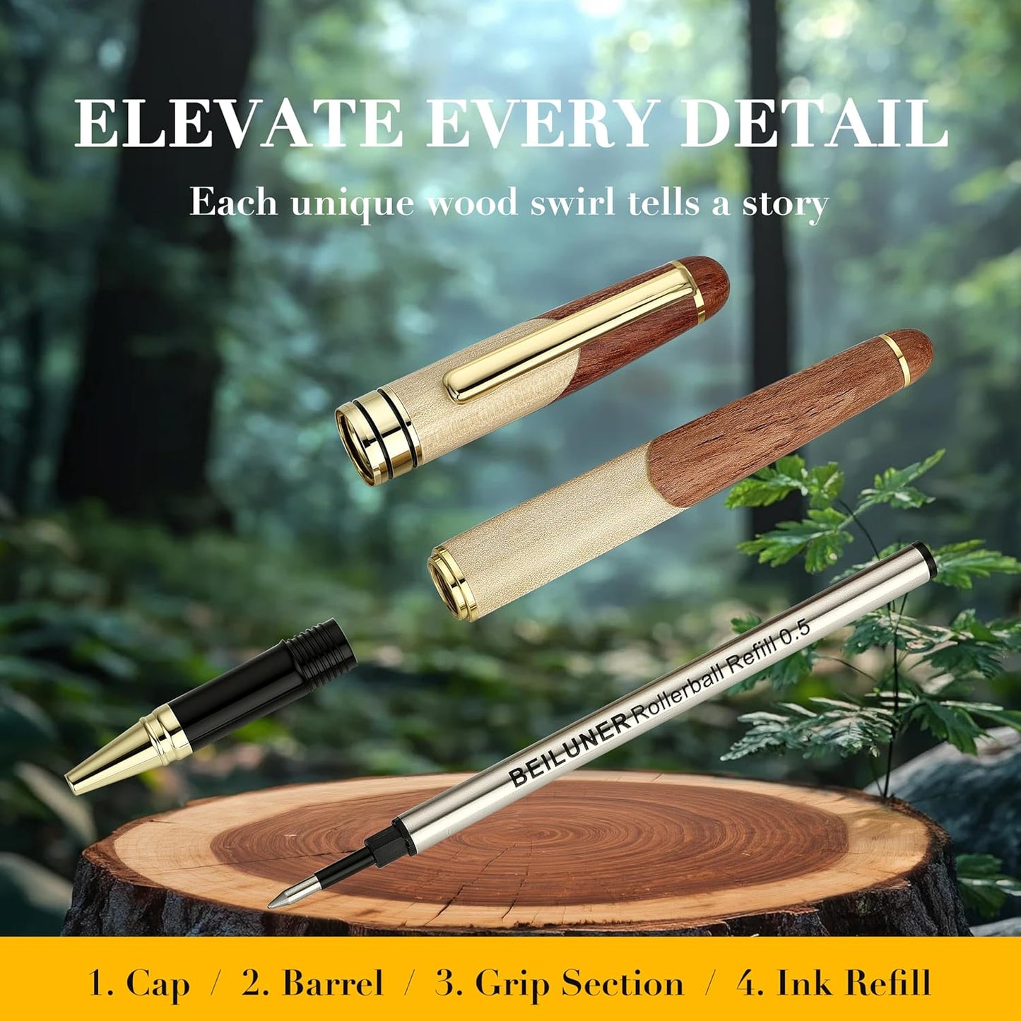BEILUNER Luxury Wood Ballpoint Pen Writing Set,Maple-Elegant Fancy Nice Gift Pen Set for Signature Calligraphy Office Fancy Nice Supplies - Christmas Gift Boxed with Extra Refills (Black)