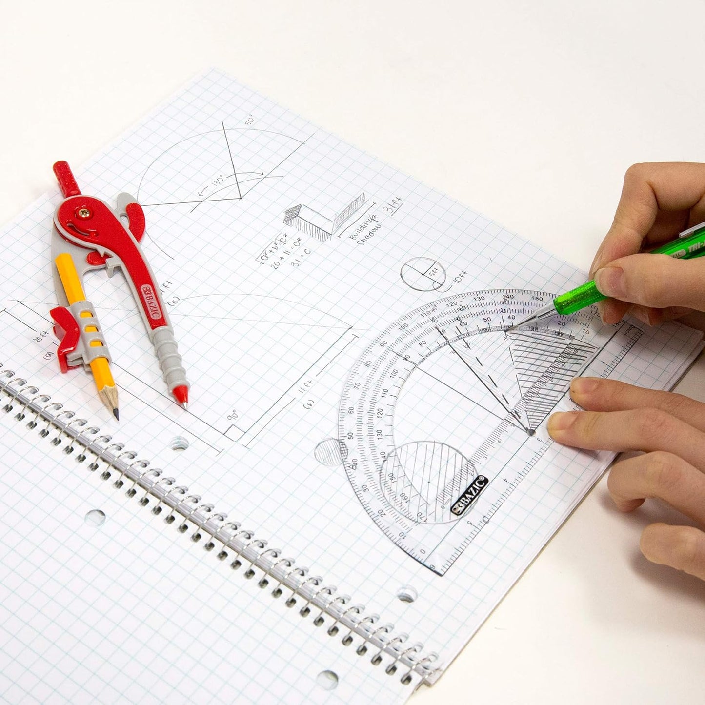 BAZIC Geometry Math Compass Set w/Scale-Arm, 6" Protractor, & HB Wood Pencil, Inch Centimeter, Mathematical Drafting Drawing Tool, 144-Packs