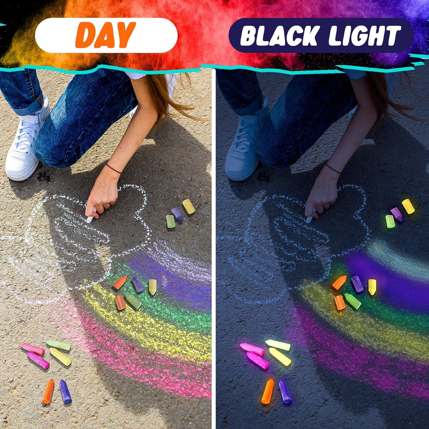 12 Pcs Glow in the Dark Chalk Under Blacklight, 6 Neon Colors Washable Dustless UV Sidewalk Chalk for Black Light Party Playground Chalkboard Birthday Gift and Outdoor Drawing (Crayon)
