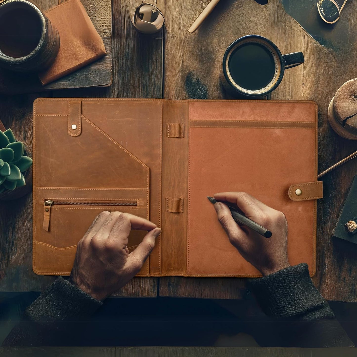 Genuine Leather Portfolio – Tan Brown Professional Organizer & Resume Folder, Antique Leather Business Document Padfolio with Writing Pad, Ideal Gift for Men & Women