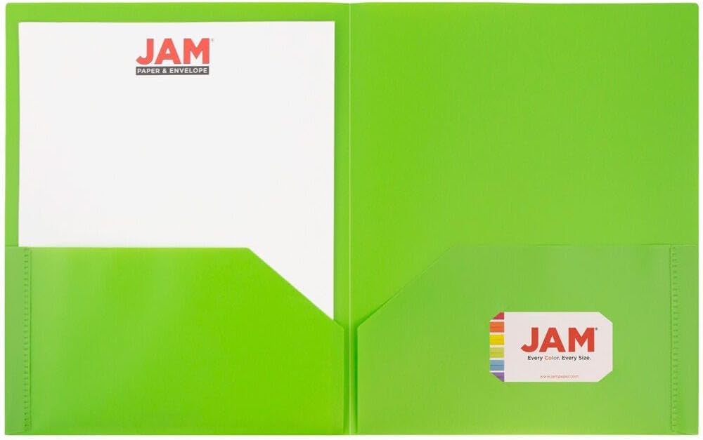 JAM PAPER Plastic 2 Pocket POP Folders - Durable School Folders - Lime Green - Bulk 48/Pack
