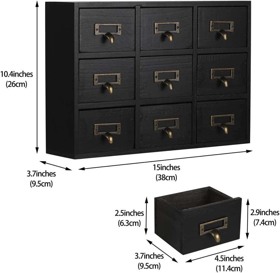 09 Drawers Apothecary Cabinet with Drawers Tabletop Apothecary Chests and Cabinets Library Card Catalog Cabinet Herb Storage Box Wooden Desk Drawer Organizer Medicine Vintage Furniture(BLACK)