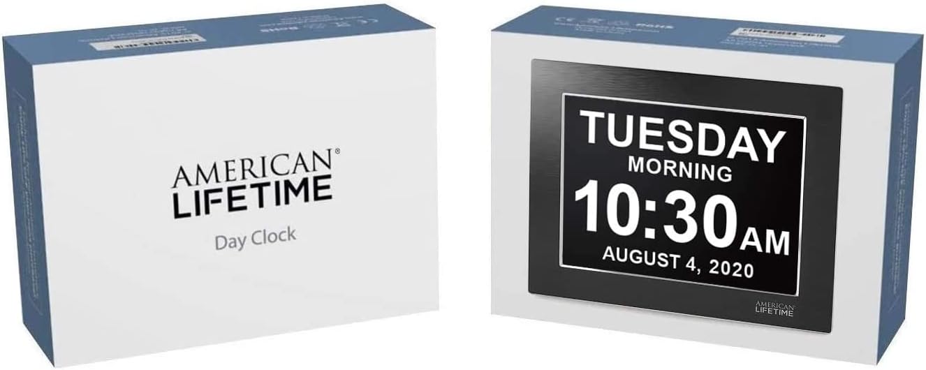 American Lifetime Large Digital Wall Clock for Seniors, Black Polished, 8-Inch High Resolution Display, Easy to Read, Customizable Alarms, Auto-Dimming, Multi-Language Support, Battery Backup
