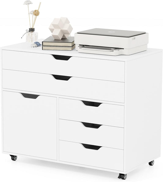 Giantex File Cabinet, Rolling Lateral Filing Cabinet with 2 Large Drawers, 3 Small Drawers, Wheels, Load 220 Lbs, Office Craft Storage Organization, Mobile Storage Organizer, Printer Stand