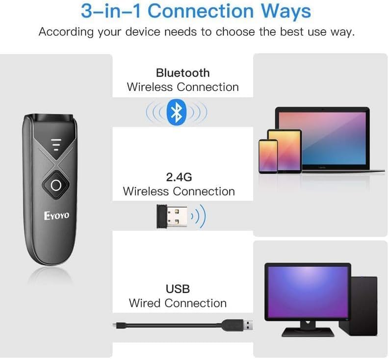 Eyoyo Bluetooth 2D&1D Barcode Scanner, Portable Wireless Mini Barcode Reader with 2.4G Wireless/Bluetooth/USB Wired Connection QR Code Scanner Compatible with Pad, Phone, Android, Tablet PC