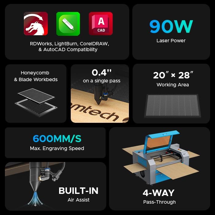 OMTech 90W CO2 Laser Engraver with LightBurn & Water Chiller, 20"x28" Laser Engraving Cutting Machine with 4 Way Pass Through Air Assist Caster Wheel, Commercial Laser Cutter for Wood Glass Acrylic