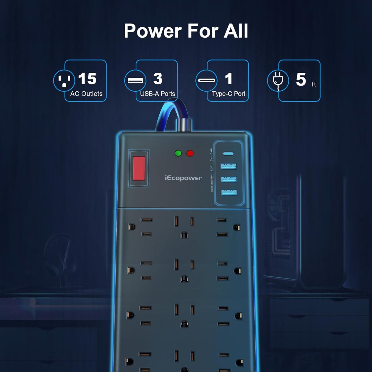 Surge Protector Power Strip-15 Widely Spaced Outlets and 4 USB Ports(1 USB C Port),14 AWG Extension Cord,1875W/15A Heavy Duty Power Strip Surge Protector 5 ft Cord,2800J,Black