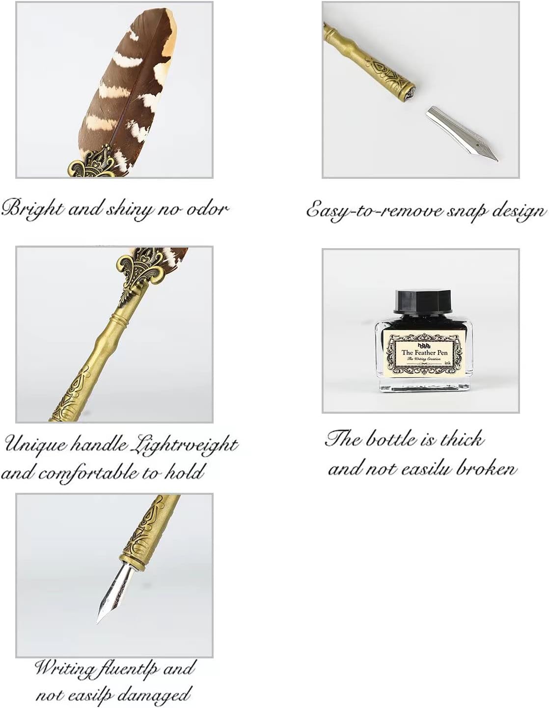 Quill Pen and Ink Set Feather Pen with Ink and 6pcs Nibs Calligraphy Pens for Beginners for Lettering,Drawing, Journaling, Signing, Invitation HO-Q-300