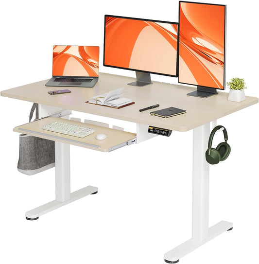 Claiks Standing Desk with Keyboard Tray, Electric Standing Desk Adjustable Height, 48x24 Inches Sit Stand up Desks with Splice Board, Raising Desks for Home Office, Natural
