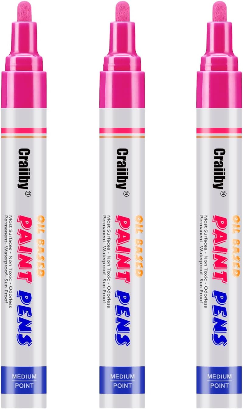 Pink Paint Markers, 3 Pack Oil-Based Waterproof Quick Dry Permanent Paint Pen Set for Rocks Painting, Wood, Fabric, Plastic, Canvas, Glass, Mugs, Metal, Tire, Stone, DIY Craft