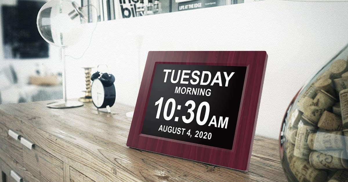American Lifetime, Upgraded Version, Day Clock Extra Large Impaired Vision Digital Clock with Battery Backup and 5 Alarm Options, Premium Mahogany Color, 8 inch