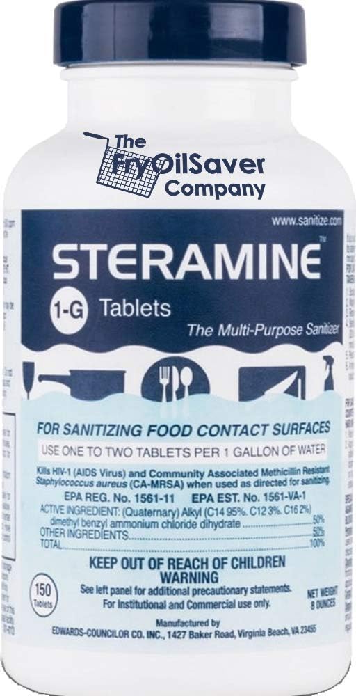1 Bottle Steramine Tablet, Steramine Multi Purpose Sanitizer Tablet for Food Services, Food Contact Surfaces, Bar, Hotel Kitchen, Busy Diners, Restaurants & FoodTrucks by FryOilSaver Co. (150 Tablets)