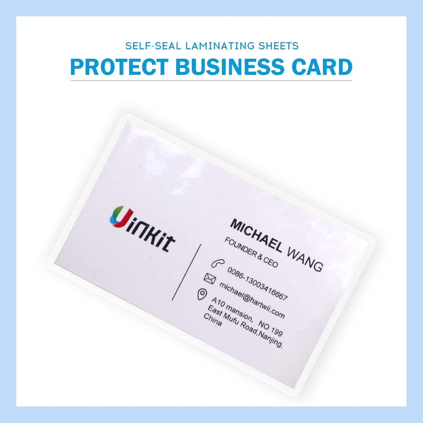Uinkit 10 Mil 50 Pack Self Sealing Laminating Pouches, Laminate Plastic Sheets for 2.6 x 3.9-Inches Bussinesss Card Size Papers, Use in Office School Home Supplies, Glossy Finish, No Laminator Need