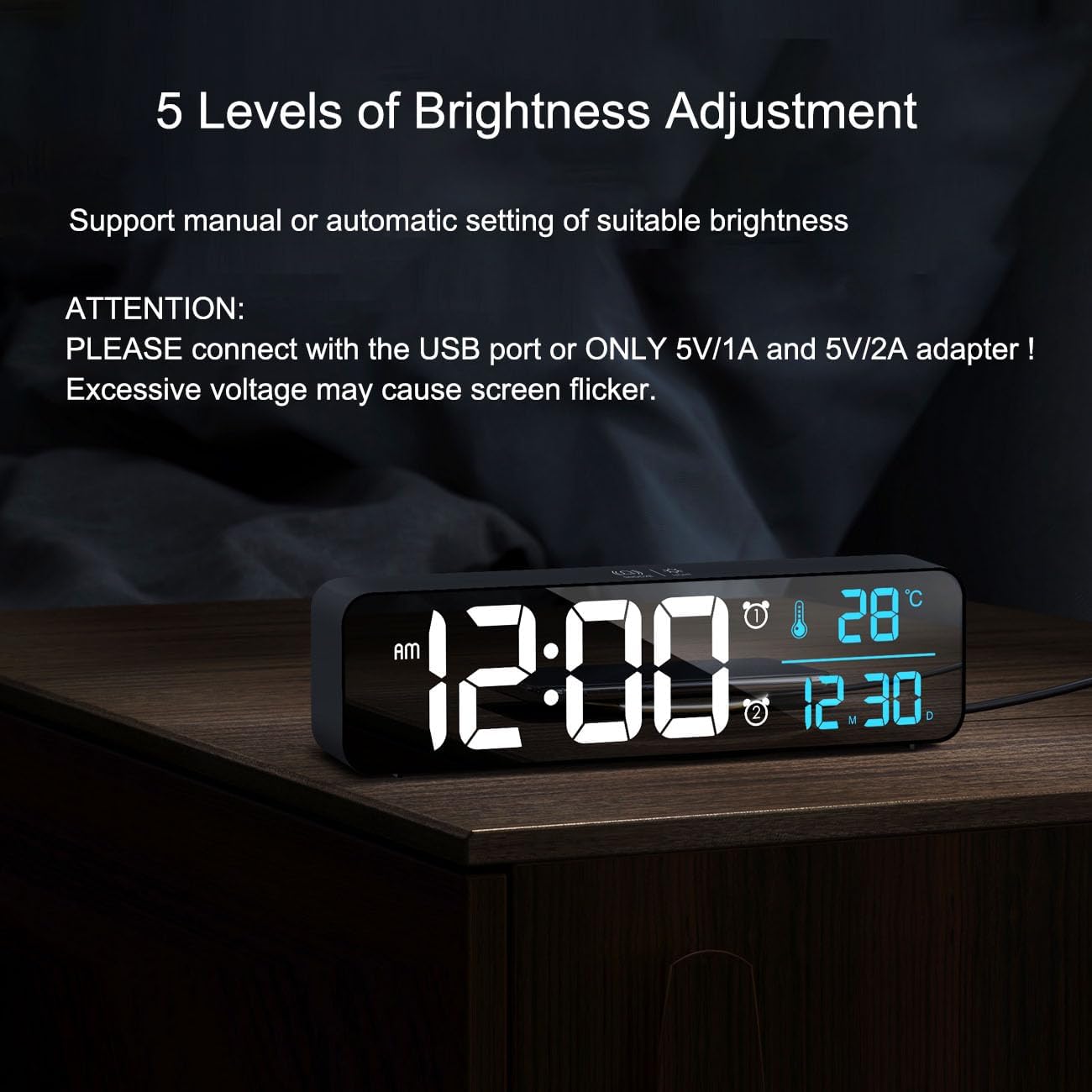 Digital Clock for Bedroom, Clocks for Living Room Decor, Desk Table Clock, Alarm Clock Large Display with Date Week Temperature, Automatic Brightness Dimmer, Smart Cool Modern (Black Blue)