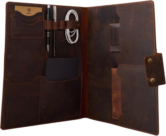 Leather Portfolio Folder - Genuine Leather Document Organizer with Multiple Pockets and Pen Holder – Business Padfolio for A4 Letter Size Papers, Professional Resume or Meeting Use (Espresso)