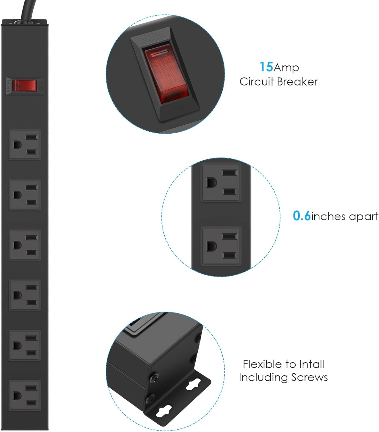 Metal Wall Mount Power Strip, Mountable Power Outlet with 6 AC Outlets, Aluminum Alloy Mount Power Socket with Switch, 15 FT SJT 3/C 14AWG Power Cord, 15A 125V 1875W (6AC) Black