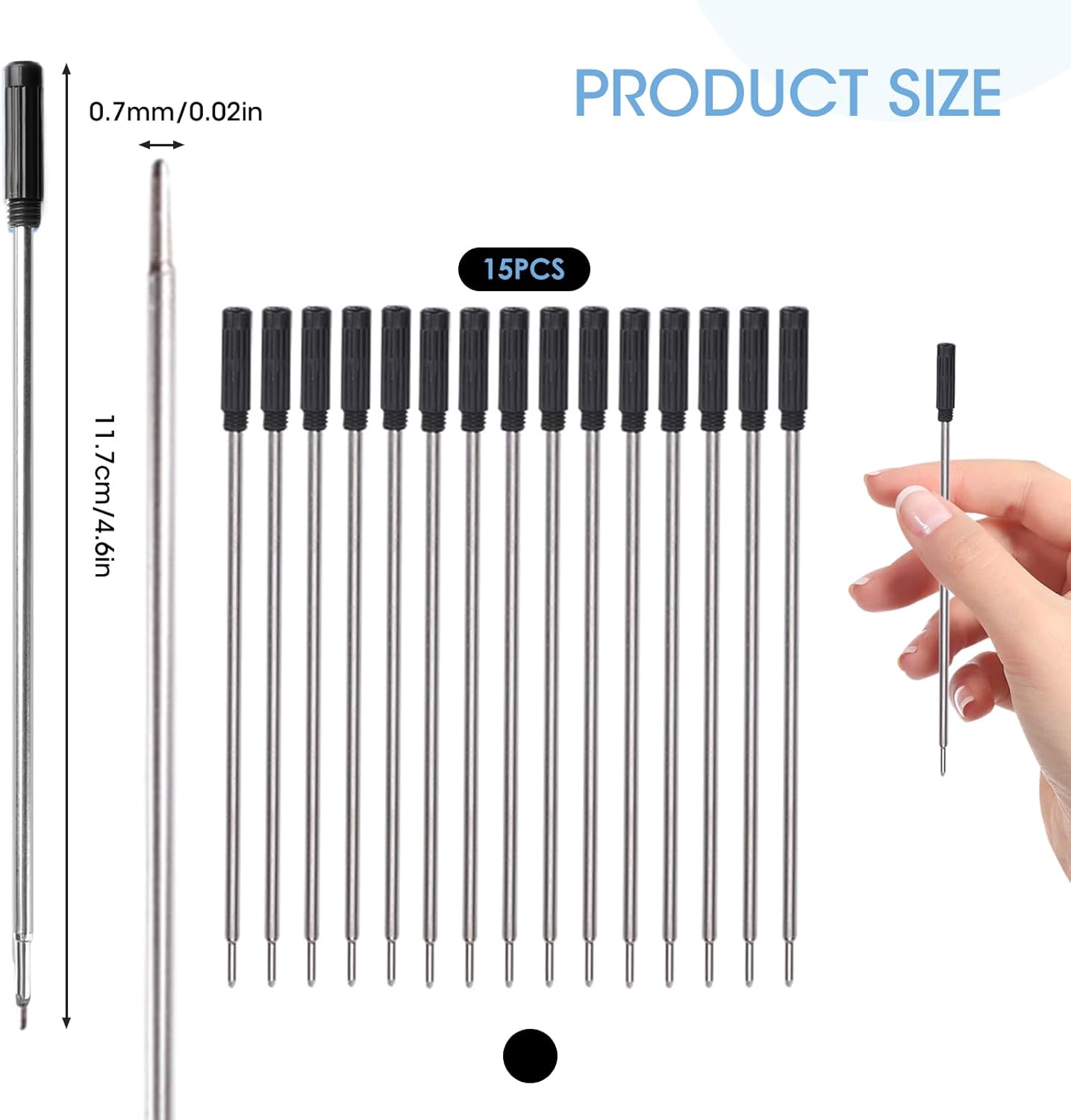 0.7 mm Ballpoint Ink Twist Pen Refills, 15 Pcs Medium Point Metal Smooth Writing Replaceable Ink Refill, Stationery Compatible for Cross Ballpoint Replacement (4.6in M) (Black, 15)