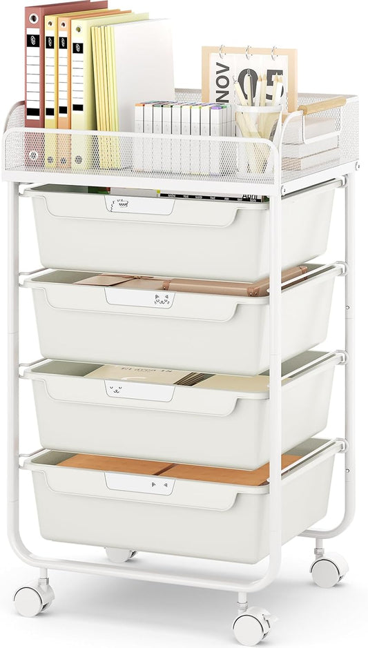 Rolling Utility Storage Cart with 4 Drawers - 4 Tiers Rolling Cart Craft Cart, Storage Drawer Cart Organizer for Craft Room Office Bedroom Classroom with Mesh Top & 4 PCS DIY Lable, White