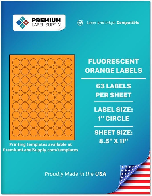 Premium Label Supply Bright Neon Color Fluorescent Sticker Labels - 1" Round Labels - (Fluorescent Orange, 63,000 Labels)