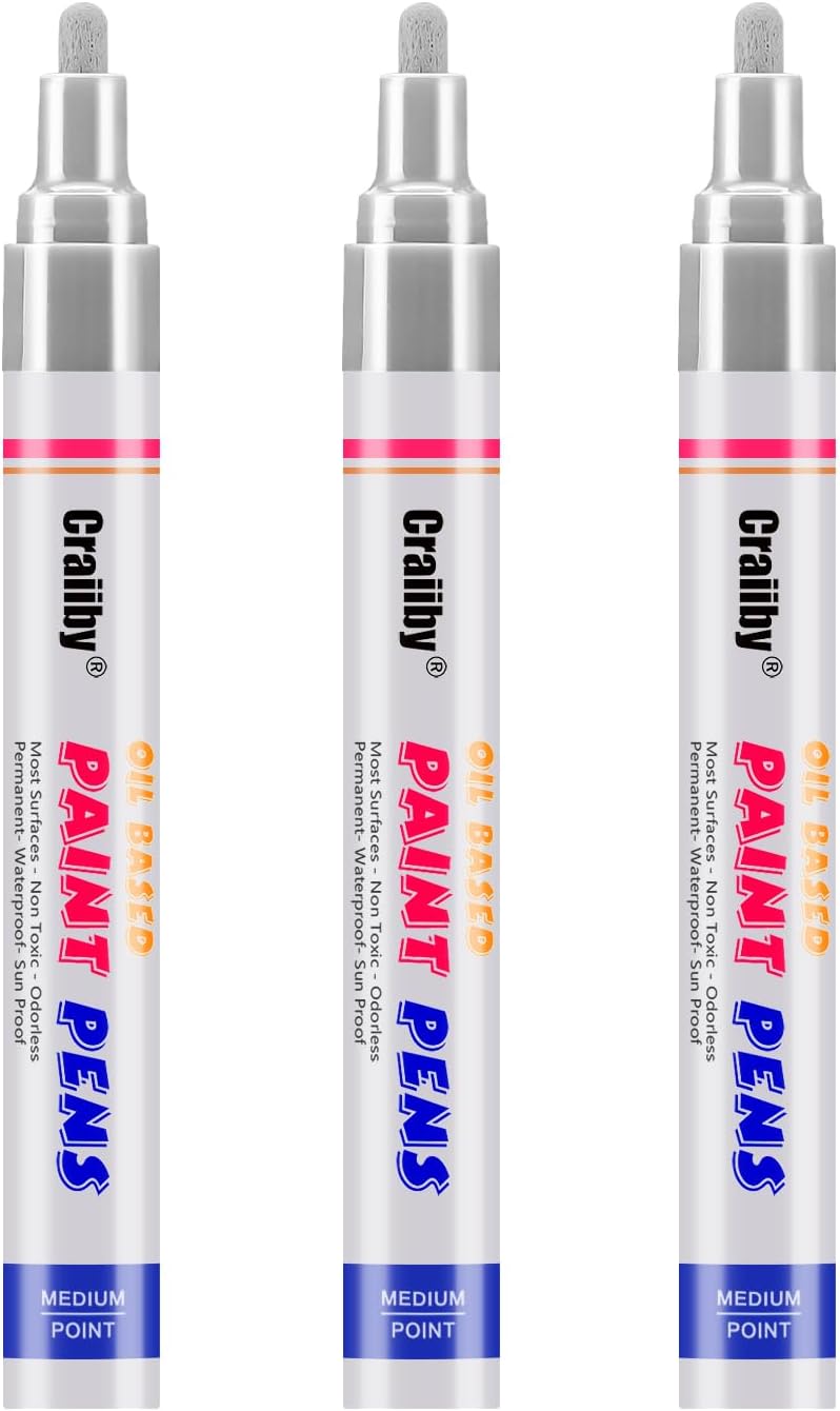 Silver Paint Markers, 3 Pack Oil-Based Waterproof Quick Dry Permanent Paint Pen Set for Rocks Painting, Wood, Fabric, Plastic, Canvas, Glass, Mugs, Metal, Tire, Stone, DIY Craft